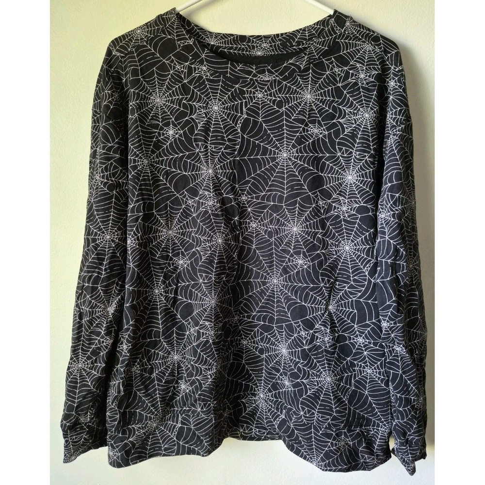 Women's Black with White Spiderwebs Long Sleeve Tee Halloween Spooky Size M